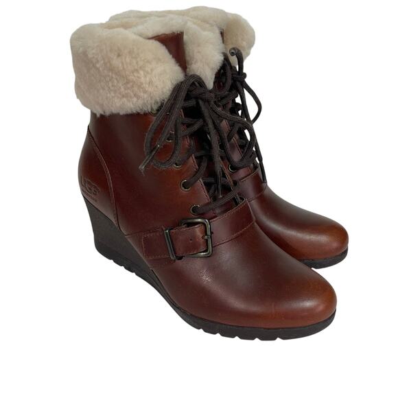 UGG Women’s Janney Brown Leather Waterproof Wedge Boot size 7 - Picture 2 of 10